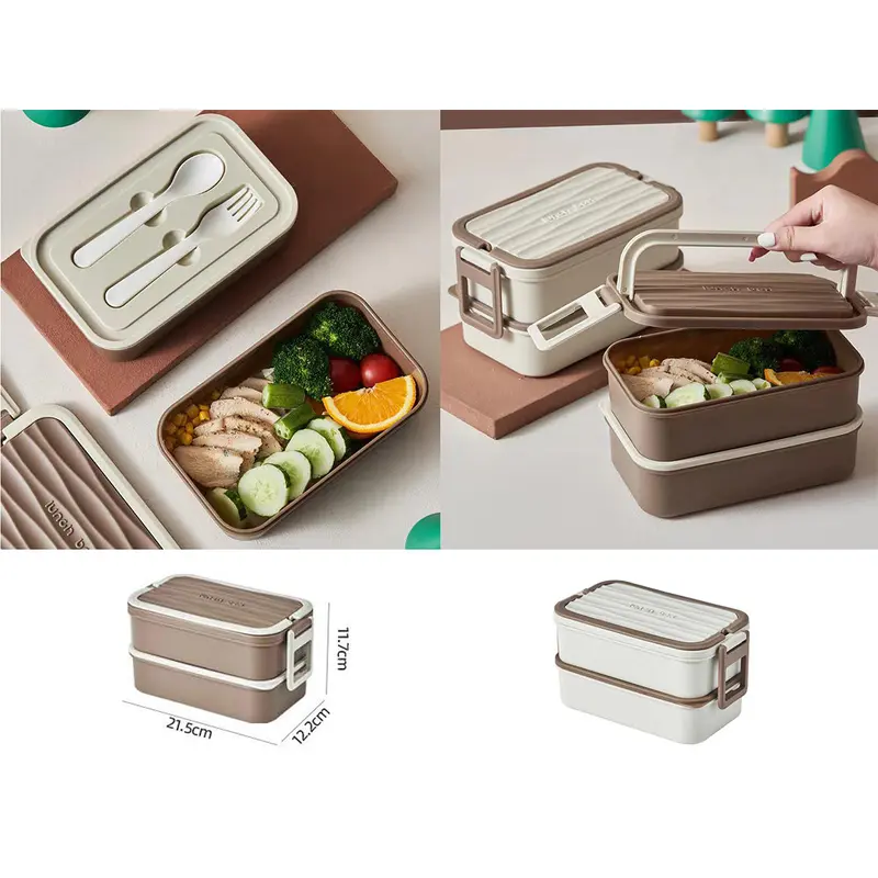 Double Decker Plastic Lunch Box with Cutlery