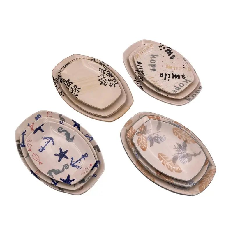 Decorated Ceramic Oval Plates Set of 3