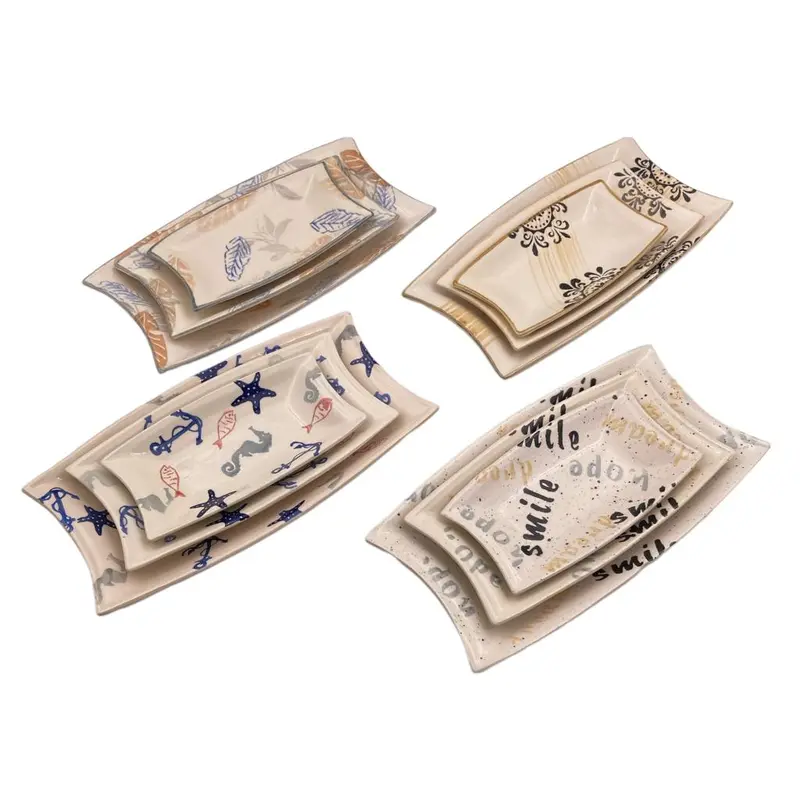 Decorated Ceramic Rect Plates Set of 3