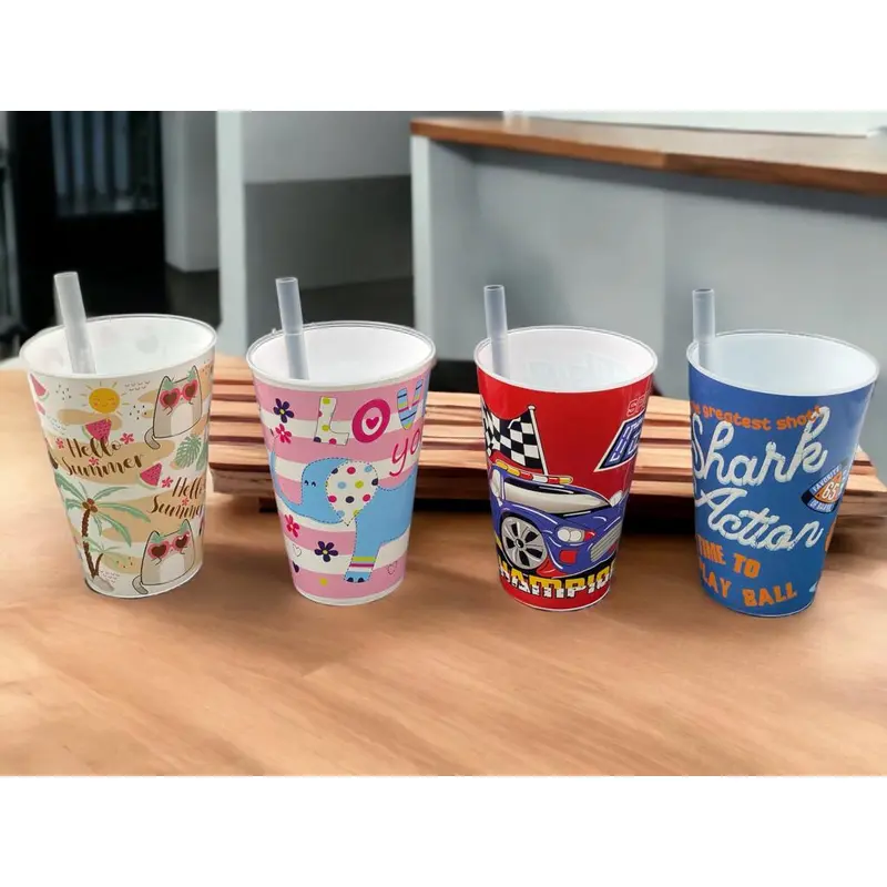 Children Plastic Cup with Straw 400ml Food Grade VC-730