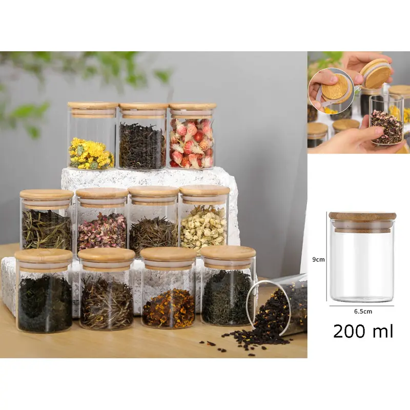 Borosilicate Glass Round Jar Wood Cover 200 ml