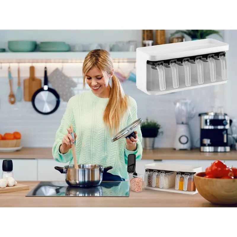 Block Set of 6 slim spice boxes with spoons on stand