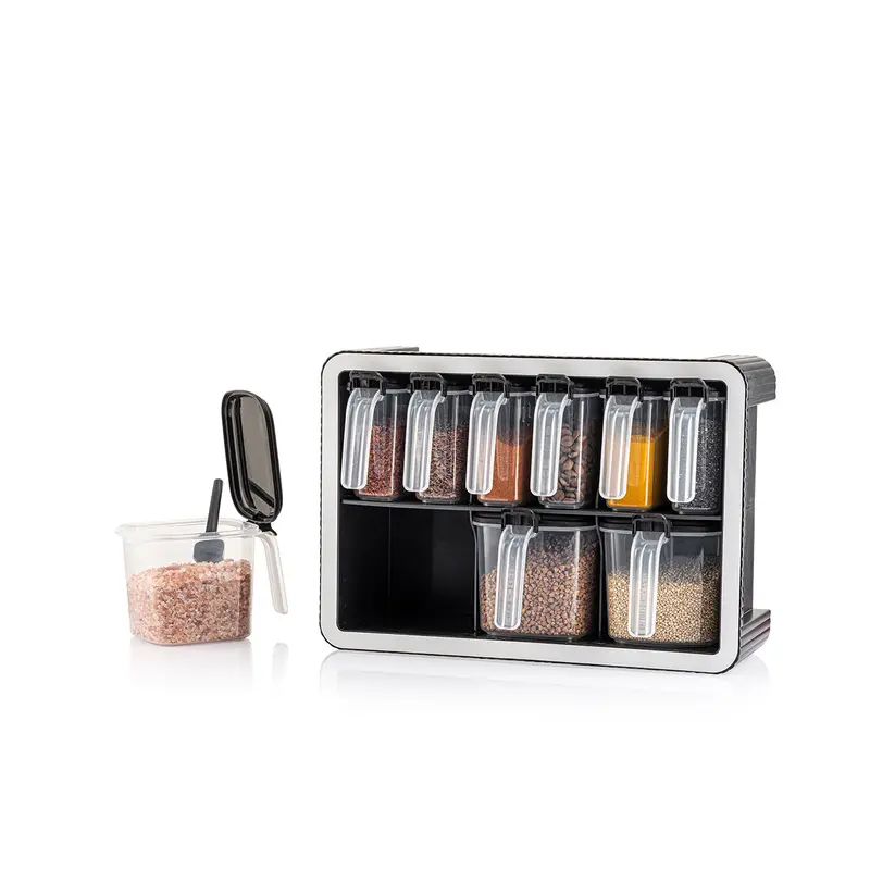 Block Set of 9 spice boxes with spoons on stand