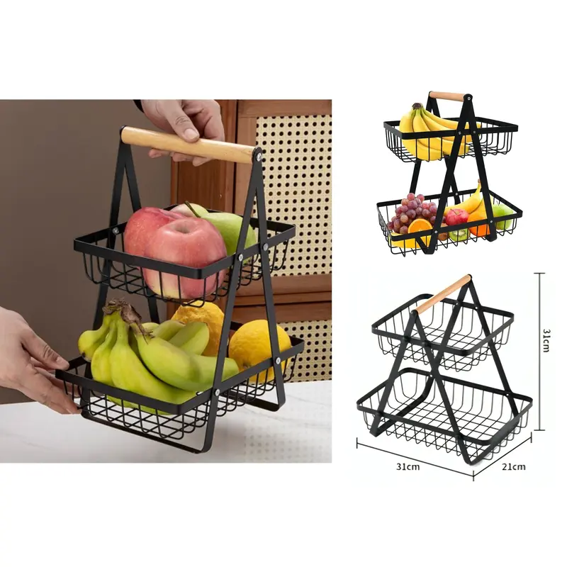 Black Iron 2 Tiers Fruit Basket with Wooden Handle