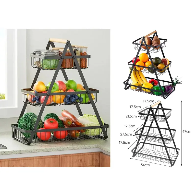 Black Iron 3 Tiers Fruit Basket with Wooden Handle