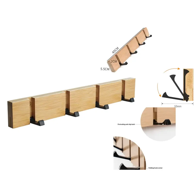Bamboo Wall Mounted Hanger with 4 Retractable Hooks