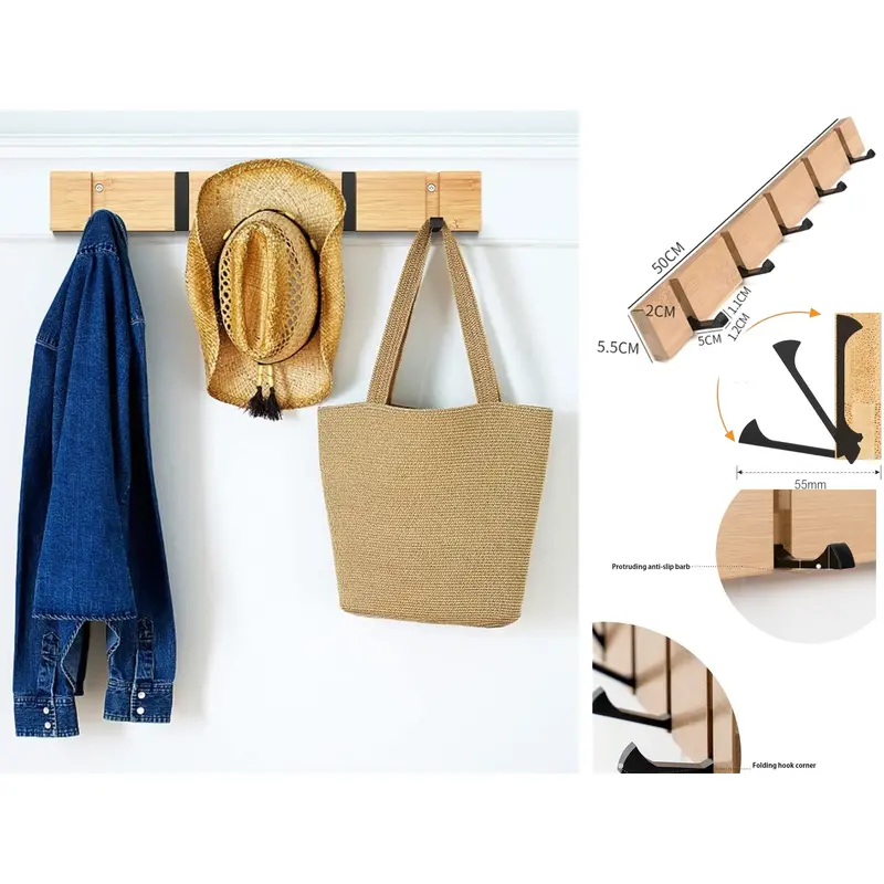 Bamboo Wall Mounted Hanger with 5 Retractable Hooks