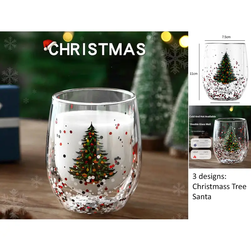 Xmas Decorated Double Wall Glass Cup 300 ml
