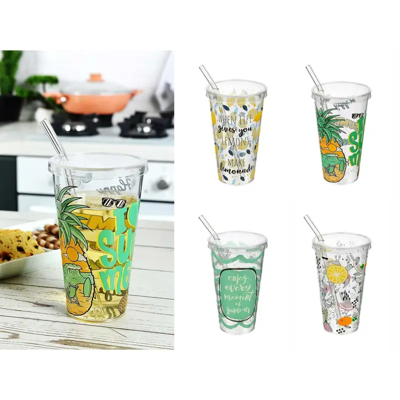 Summer Time Plastic Cup 600 ml with Glass Straw