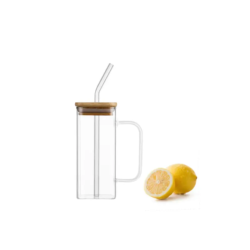 Square Smooth Clear Glass Drinking Mug with Bamboo Lid a