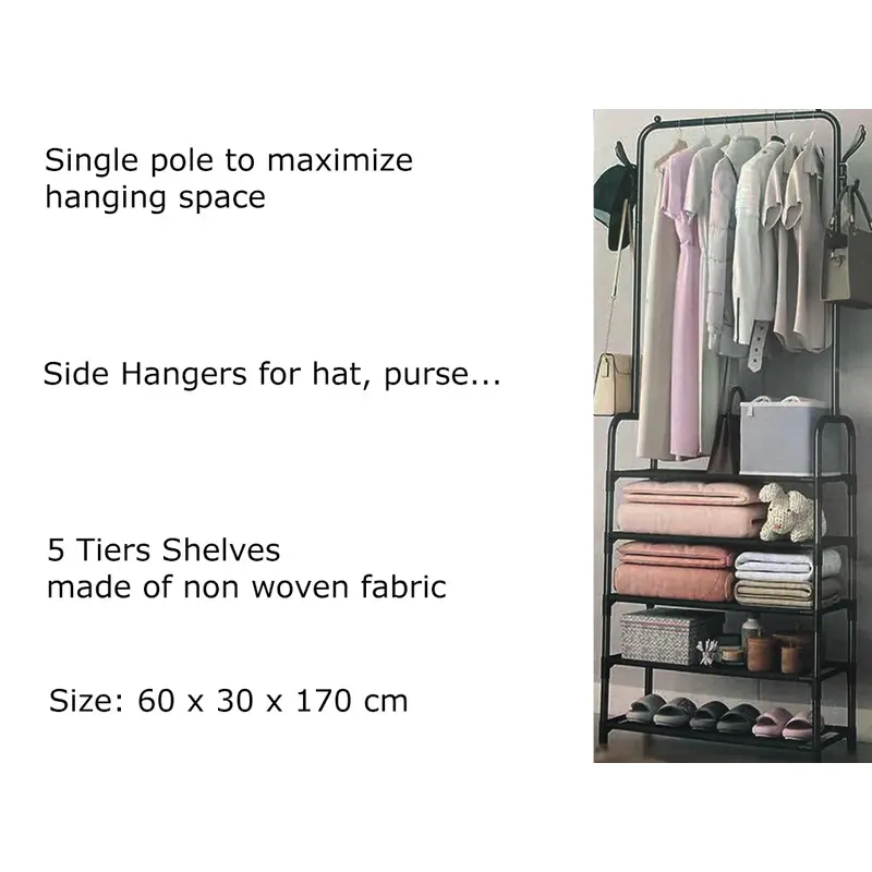 Single Pole Garment Rack with 5 Non woven Shelves