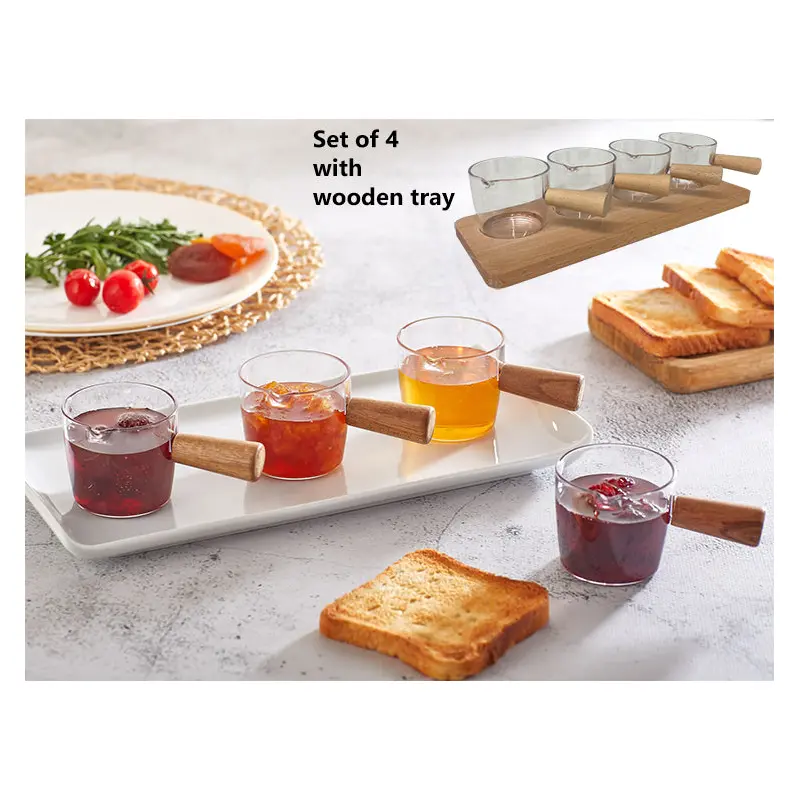 Set of Wooden Base & 4 Mini Acrylic Sauce Bowls Wood Han
