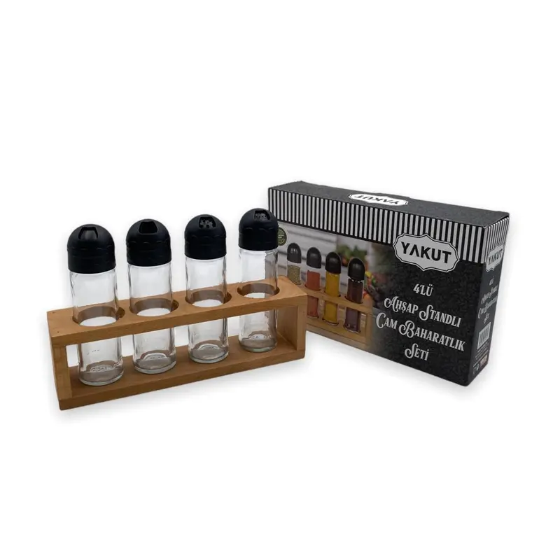 Set of 4 spice bottles with wooden stand