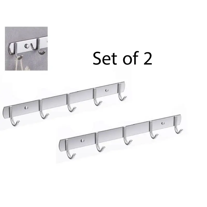 Set of 2 Stainless Steel Wall Mounted 5 Hooks Hanger