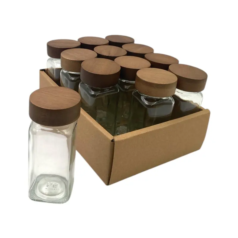 Set of 12 Glass Spice Jars with Acacia Wood Cover