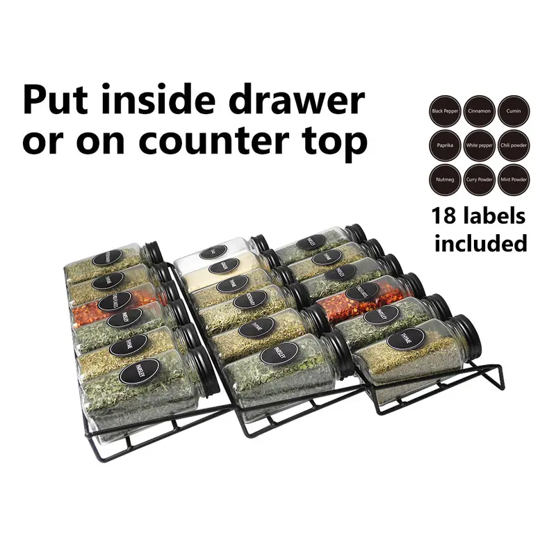 Glass Spice Set 18 pieces with Metal Rack for Drawers