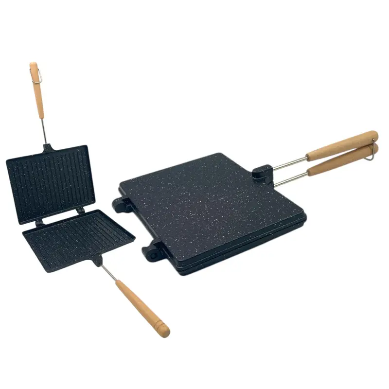 Granite Aluminum Sandwich Double Grill with Wooden Handl