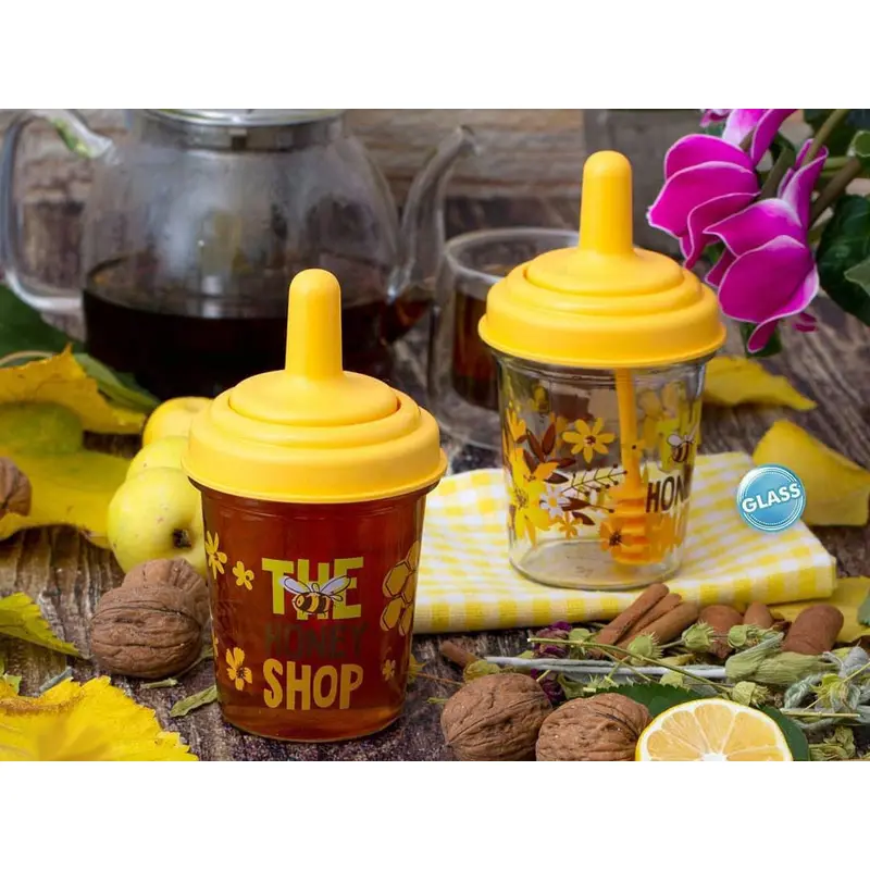Glass Decorated Honey Jar with Honey Spoon 320 cc