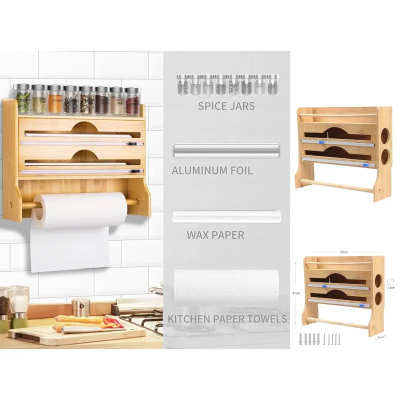 4-in-1 Bamboo Foil Cutter and  Kitchen Roll Holder