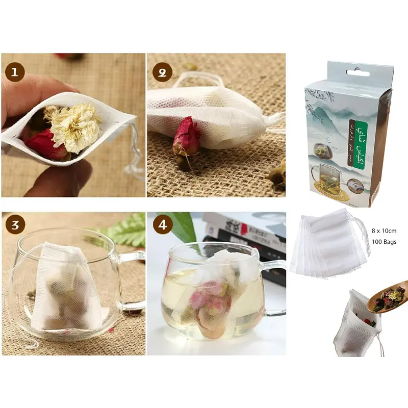 100 empty tea bags, food safe, heat resistant.