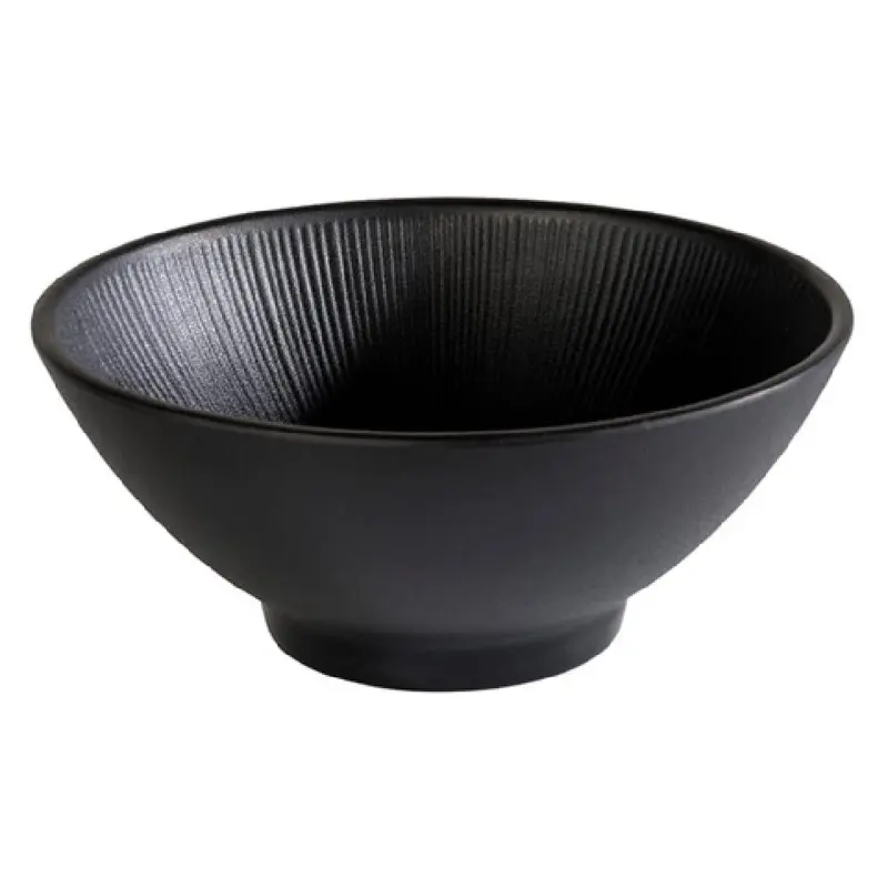 Libbey APS 85070 30 Oz Nero Ramen Bowl Round Stackable with Ribbed Texture Black Melamine