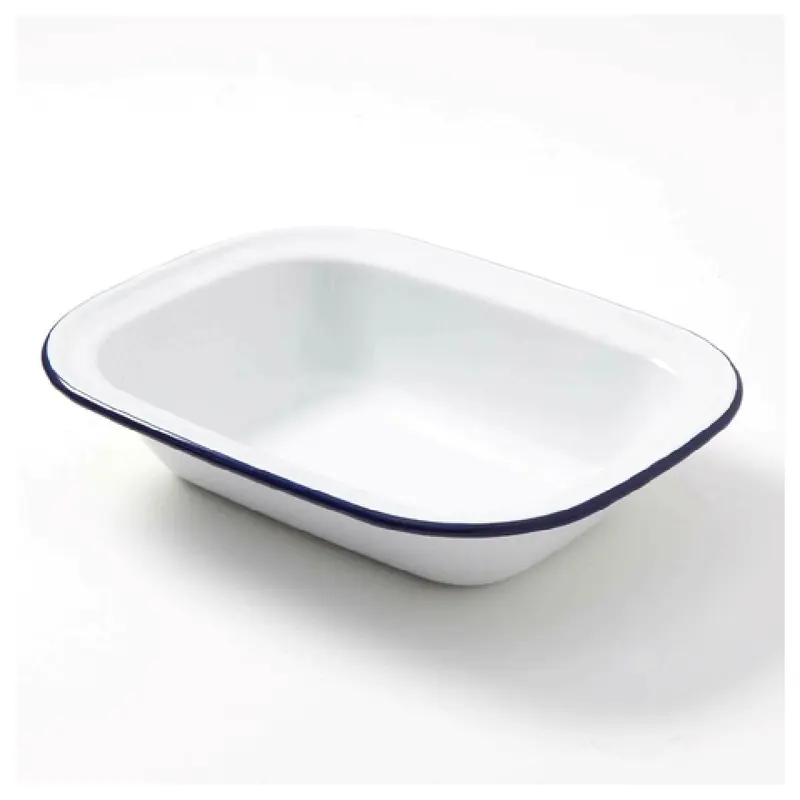 American Metalcraft EWB10 32 Oz Oblong Enamelware Bowl White with Blue Rim