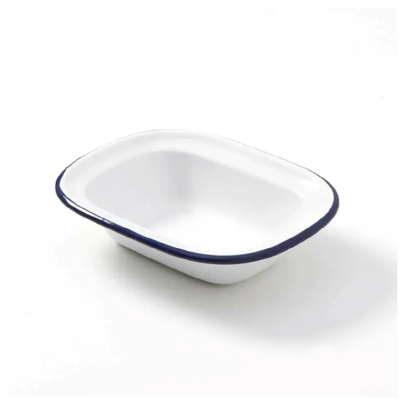 American Metalcraft EWB6 8 Oz Oblong Enamelware Bowl White with Blue Rim Metal
