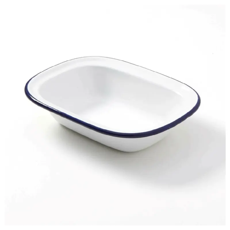 American Metalcraft EWB8 16 Oz Oblong Bowl Enamel Coated Steel White with Blue Rim