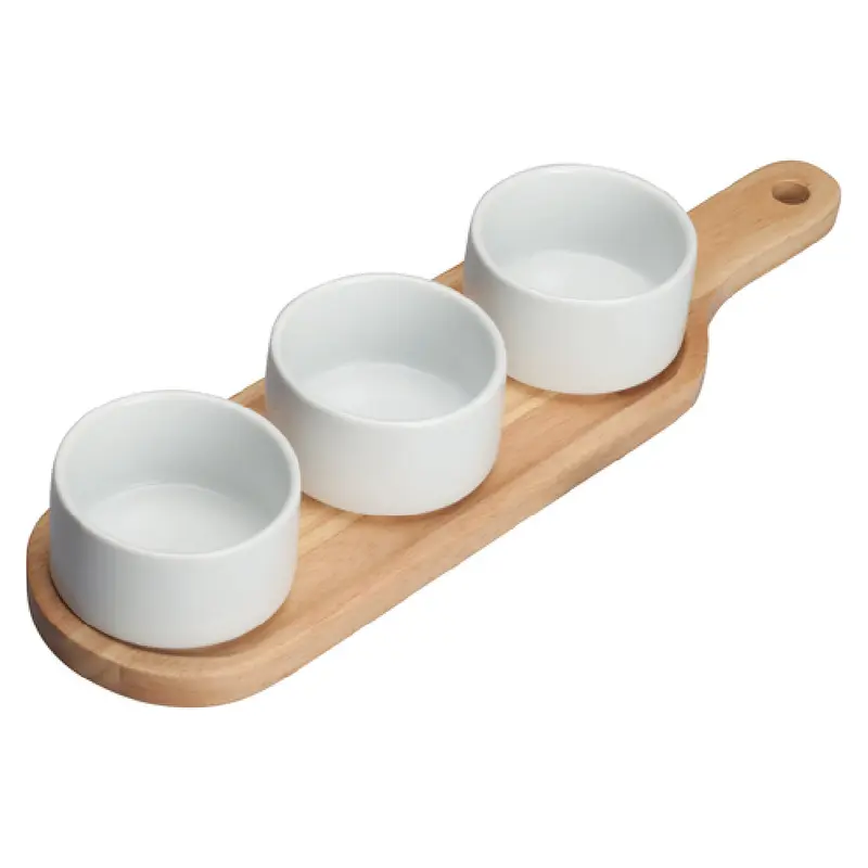 Winco WDP015-104 15 Inch Trio Bowl Set 4-1/2 Oz Porcelain and Wooden Plate
