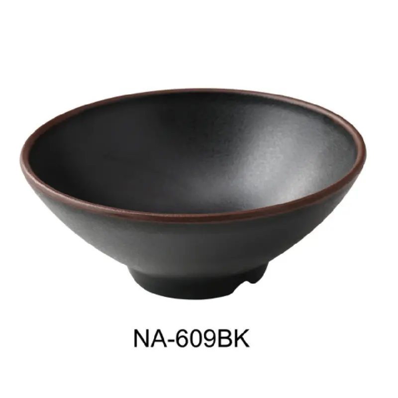 Yanco NA-609BK 55 Oz Round Ramen Bowl Melamine Black with Brown Accent